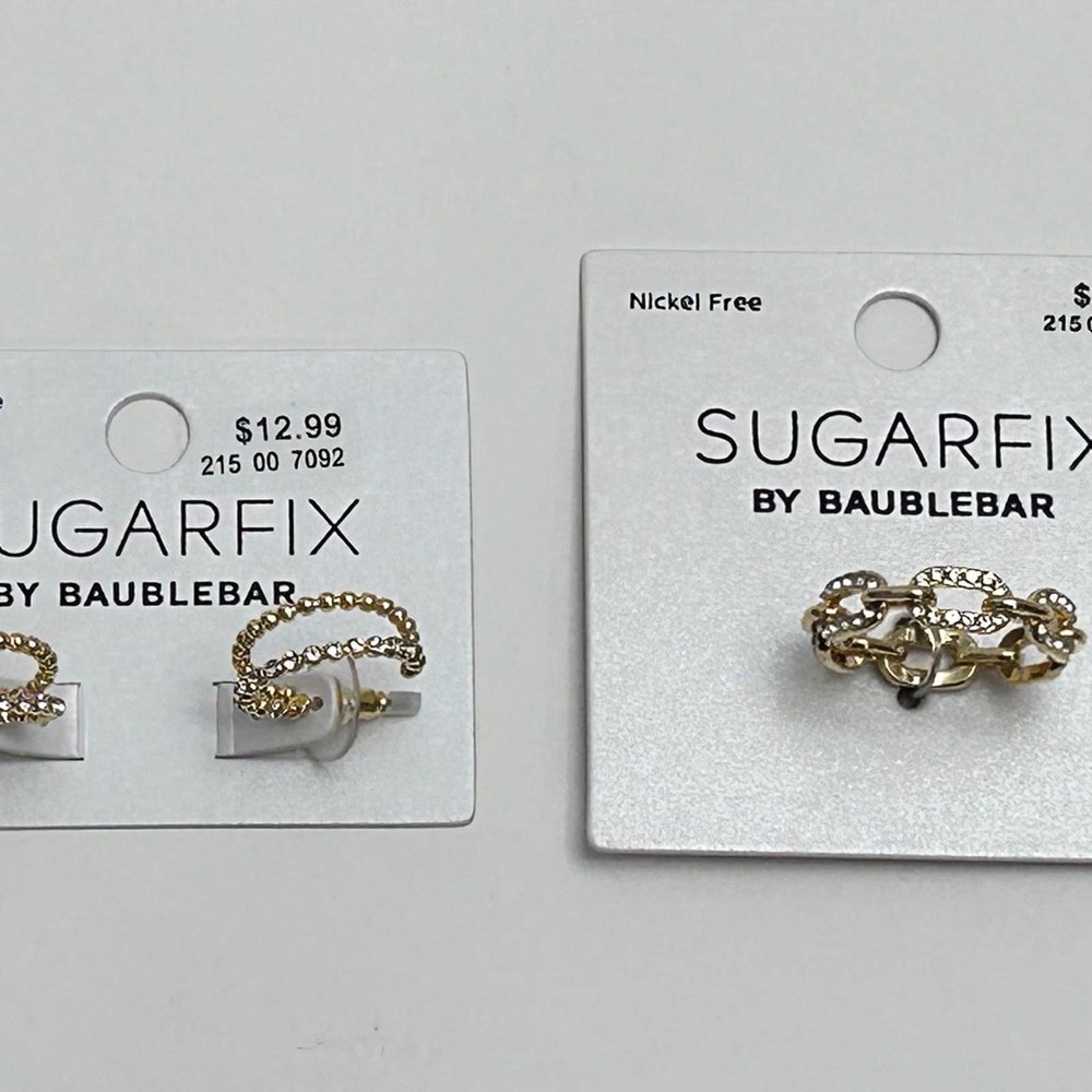 Set Of SugarFix By BaubleBar Rhinestone Hoop Earrings & Chain Link Ring‎ Size 8